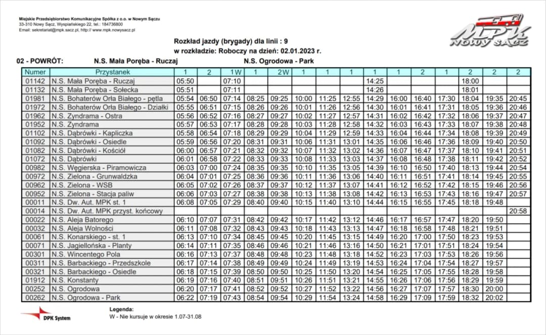 Aktualny rozkład jazdy Vojtex: Binczarowa - Nowy Sącz 2025